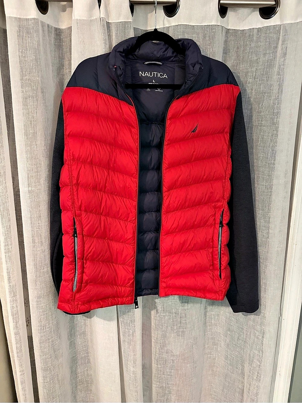 Nautica Men’s L Red Down Puffer Jacket Lightweight Hybrid Stretch Sleeve